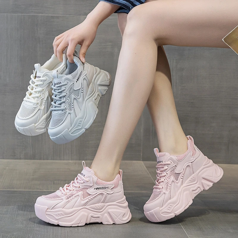 万达撤柜头层牛皮增高7cm内增高老爹鞋女夏季网面薄款透气运动鞋.