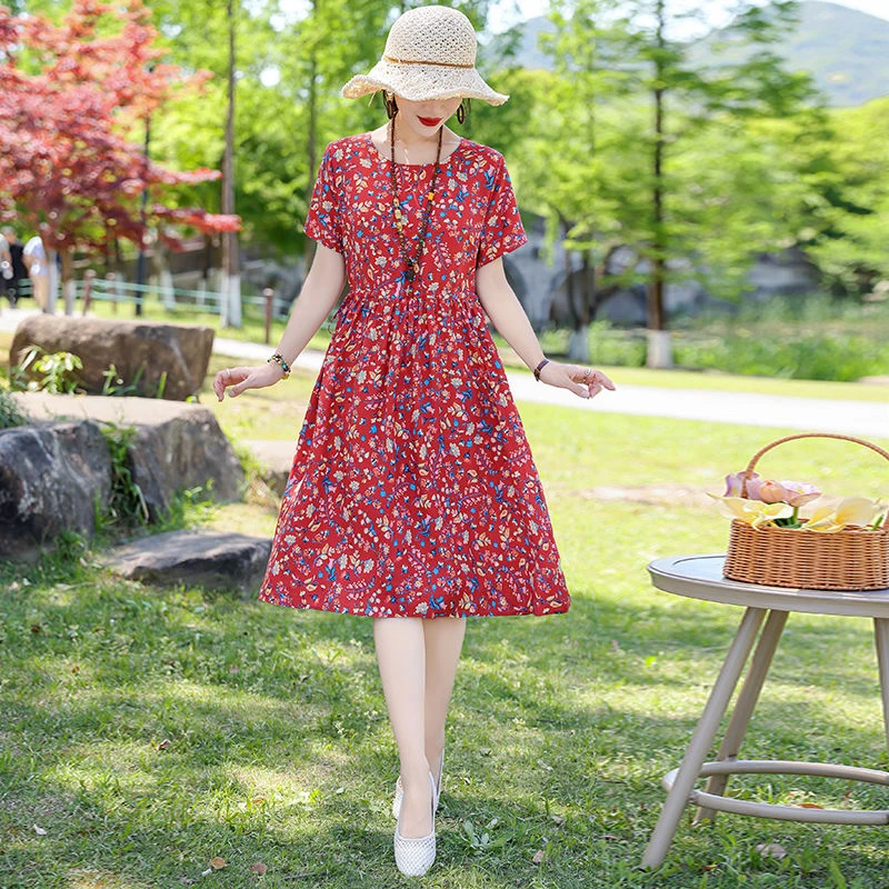 棉绸连衣裙夏季新款中老年女装大码妈妈宽松显瘦口袋碎花裙子长裙