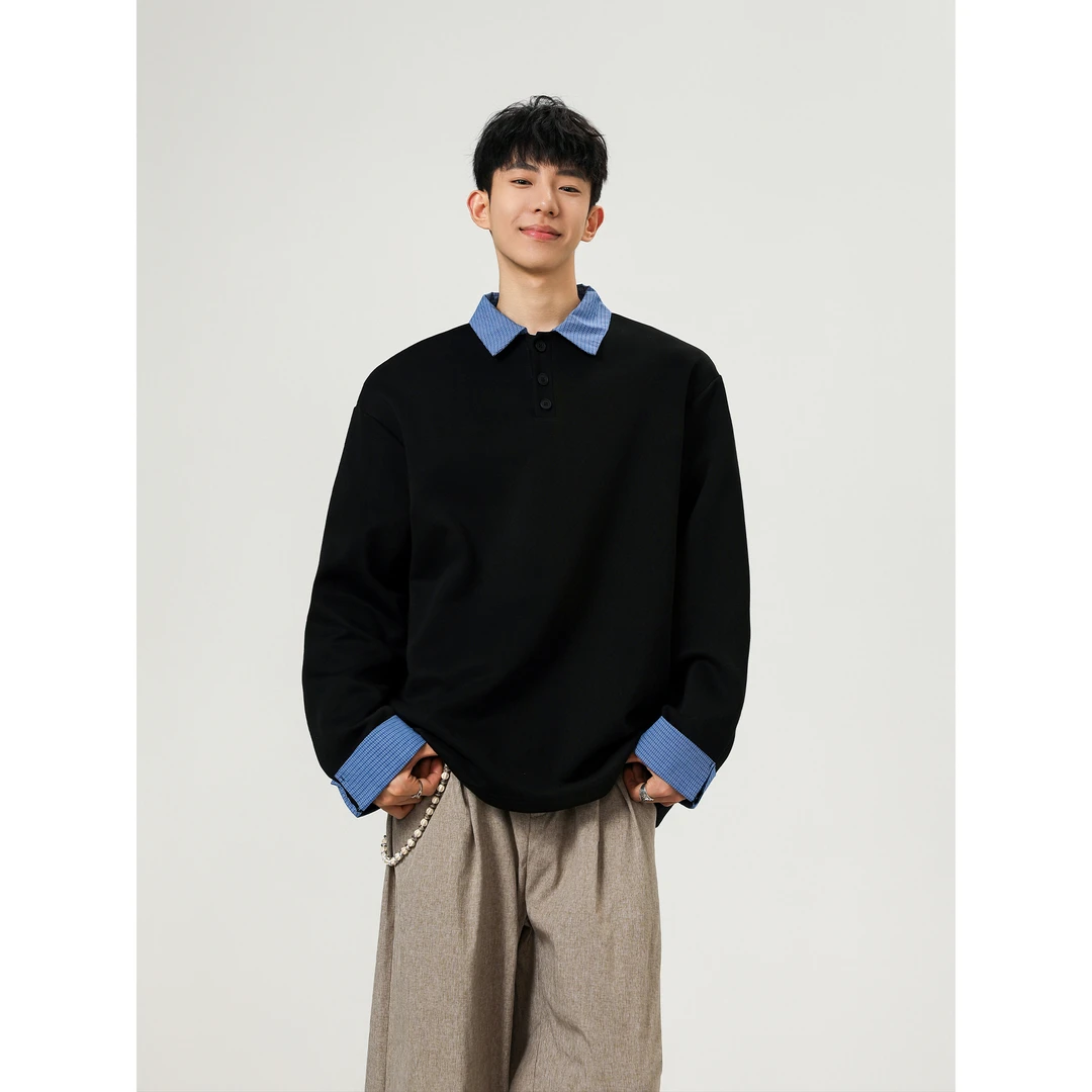 季新款美式宽松慵懒拼接纯色宽松长袖卫衣简约上衣男