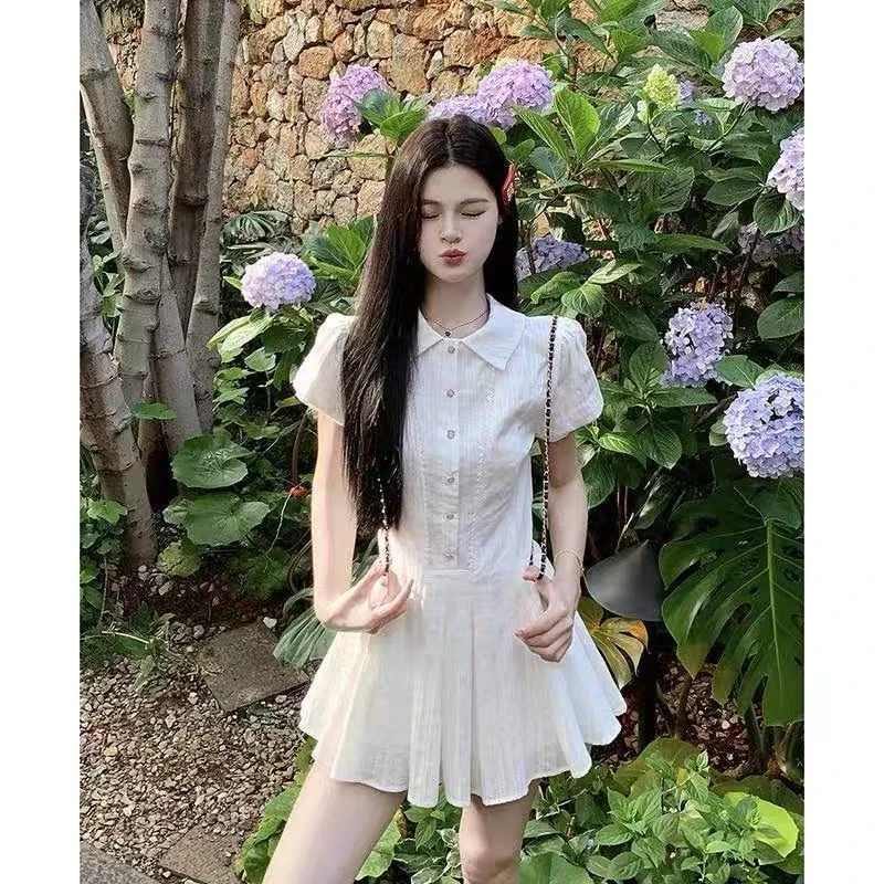 学院风白色泡泡袖衬衫连衣裙子女夏季法式气质小个子收腰甜美短