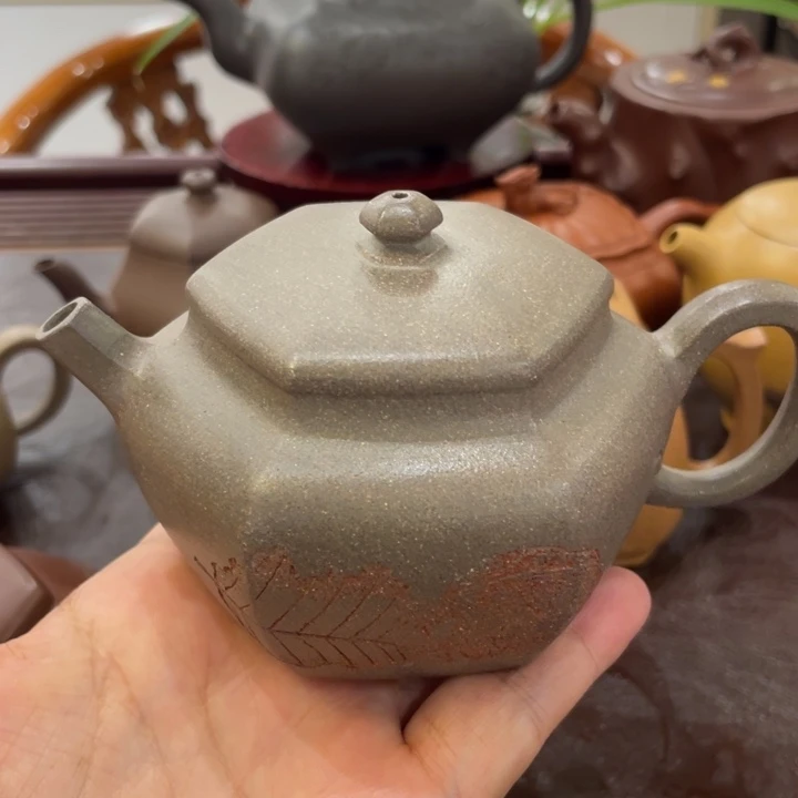 隐***士茶壶紫砂原矿青段料手工刻绘