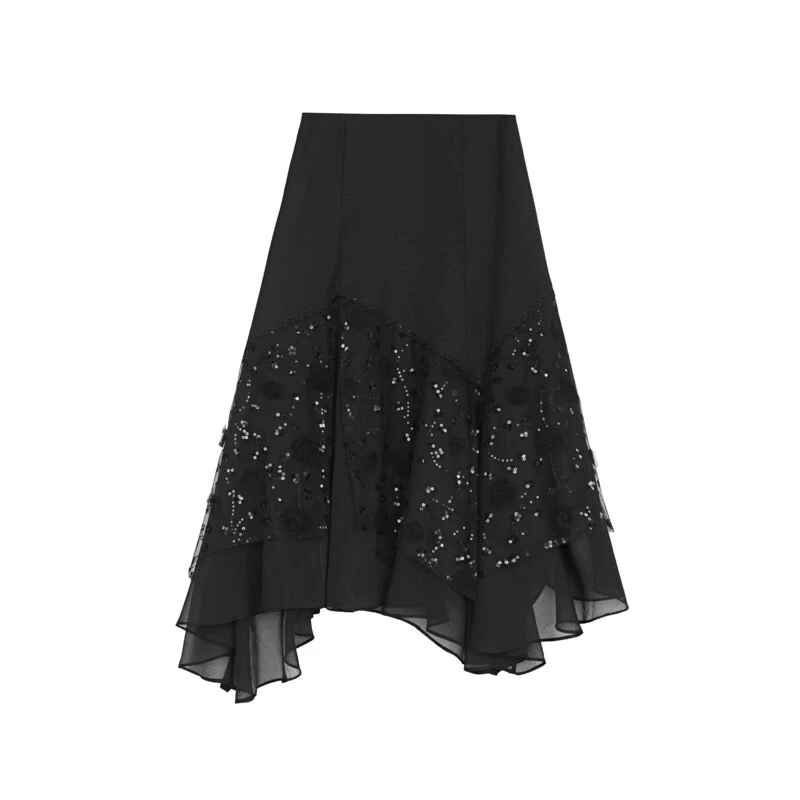S·DEER圣迪奥轻奢设计师气质黑色休闲优雅蕾丝半身裙S241Z1119