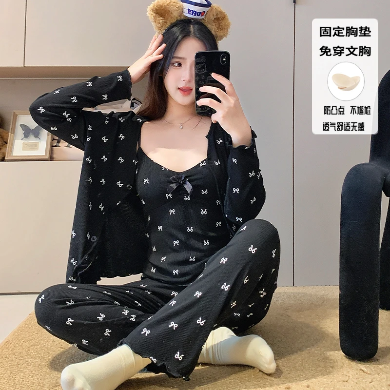 莫代尔睡衣女款带胸垫长袖长裤女款爆款2025新款女士家居服三件套