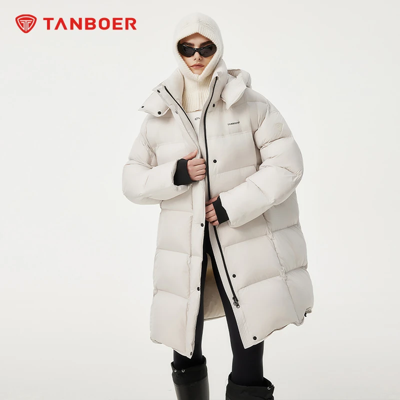 坦博尔2024新款连帽羽绒服长款女士简约休闲保暖雪乡出游防寒装备
