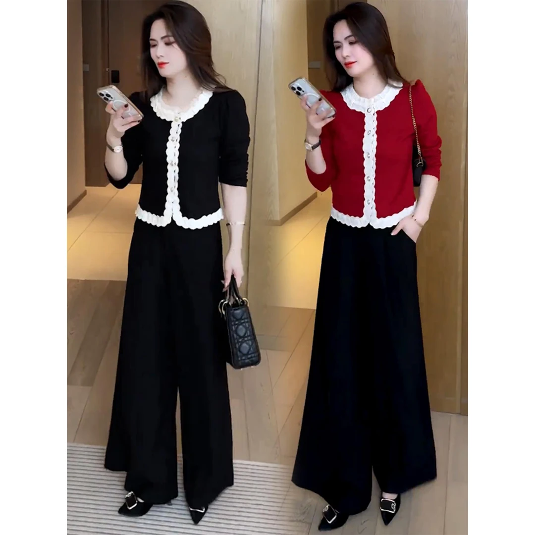 时尚套装女2025年春秋季新款小香风蕾丝拼接T恤阔腿裤减龄两件套