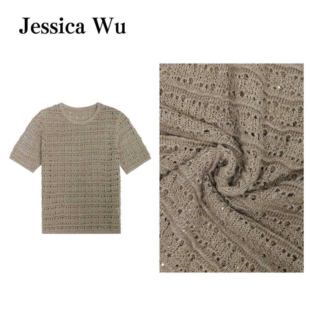 JESSICA WU优雅光芒~bc麻纱镂空谷波工艺短袖针织衫259704014