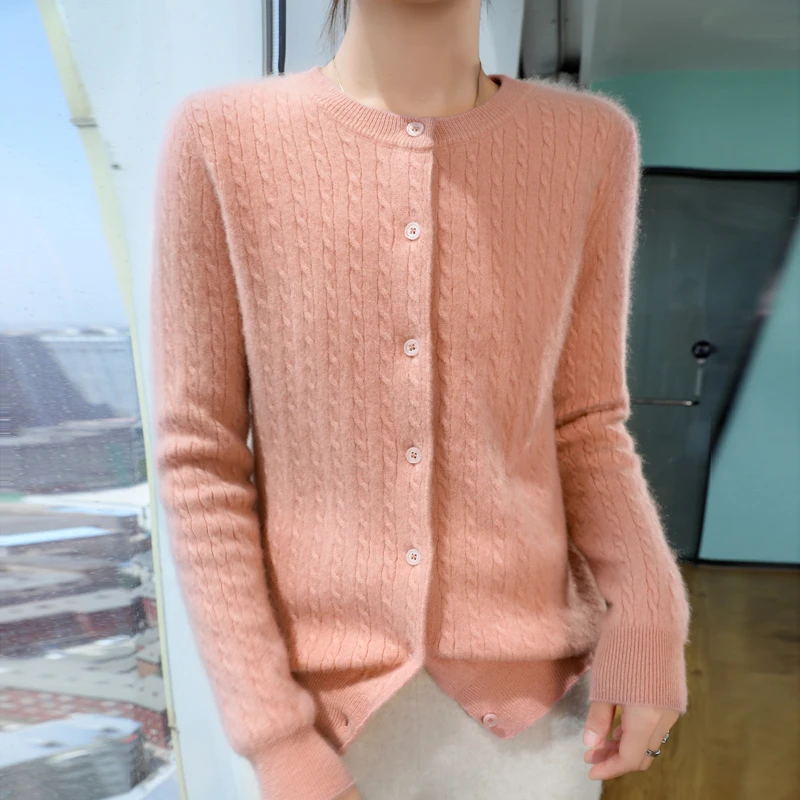 商场同款 温柔治愈~圆领麻花纯羊毛衫开衫女大码纯色针织衫R-446