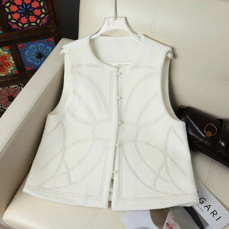 新中式国风毛呢绣花重工钉珠刺绣圆领马甲冬季复古气质坎肩背心女