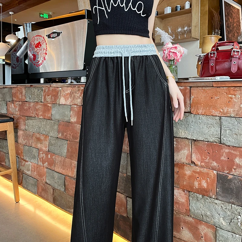 夏季薄款窄版阔腿裤女直筒2025新款高腰显瘦垂感休闲运动九分裤子