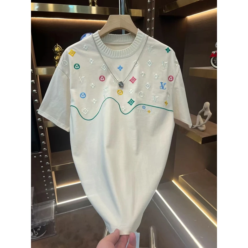 2025夏季新款刺绣轻奢休闲半袖T恤圆领时尚潮流百搭短袖【以江】