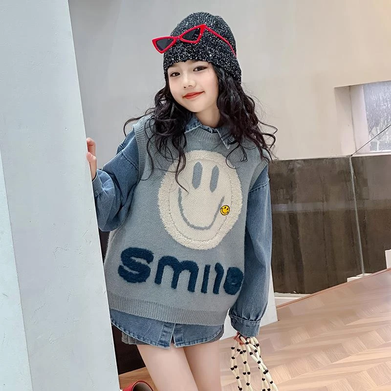 女童背心马甲春秋2025新款洋气儿童针织毛衣内搭女孩大童春装套装