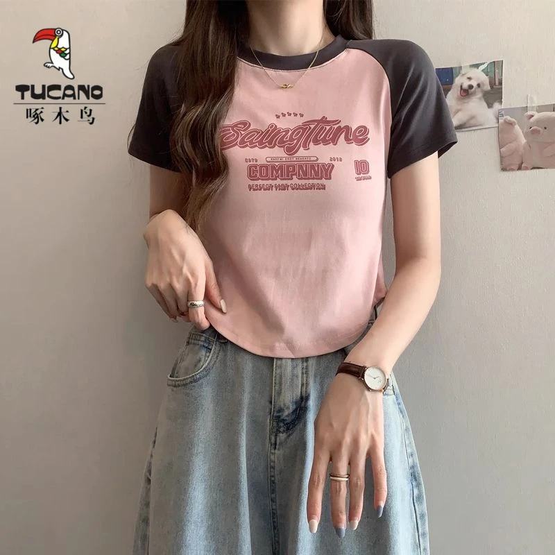 啄木鸟美式插肩短袖t恤女夏季2025新款修身甜辣风圆领短款上衣