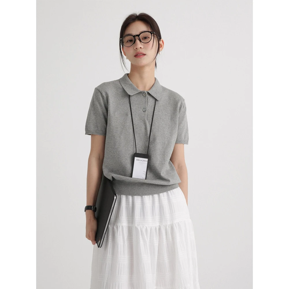 高级感灰色百搭女夏季新款针织衫polo领T恤简约休闲短袖薄款上衣