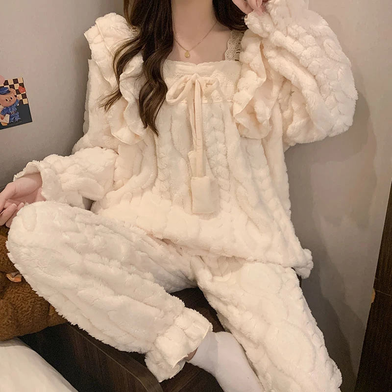 韩系睡衣女冬季加厚加绒珊瑚绒高级感蕾丝花边秋冬女款保暖家居服