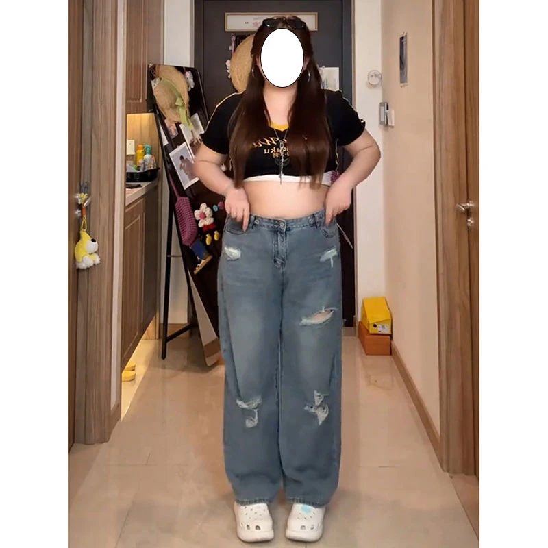 梨形身材特大码复古破洞牛仔裤女夏季新款胖mm宽松显瘦阔腿直筒裤