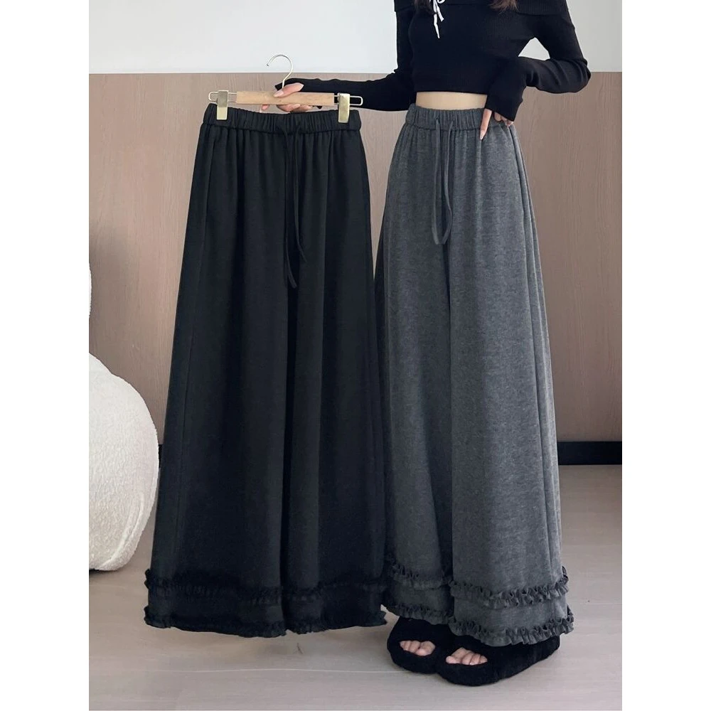 慵懒风木耳花边休闲裤女秋季复古高腰宽松阔腿裤小个子垂感九分裤