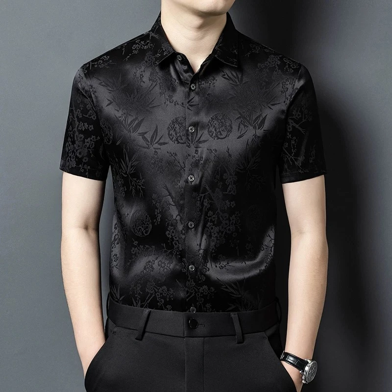 嘉杜丝绸 重磅香云纱桑蚕丝梅竹2912款男士短袖衬衫夏季薄款宽松