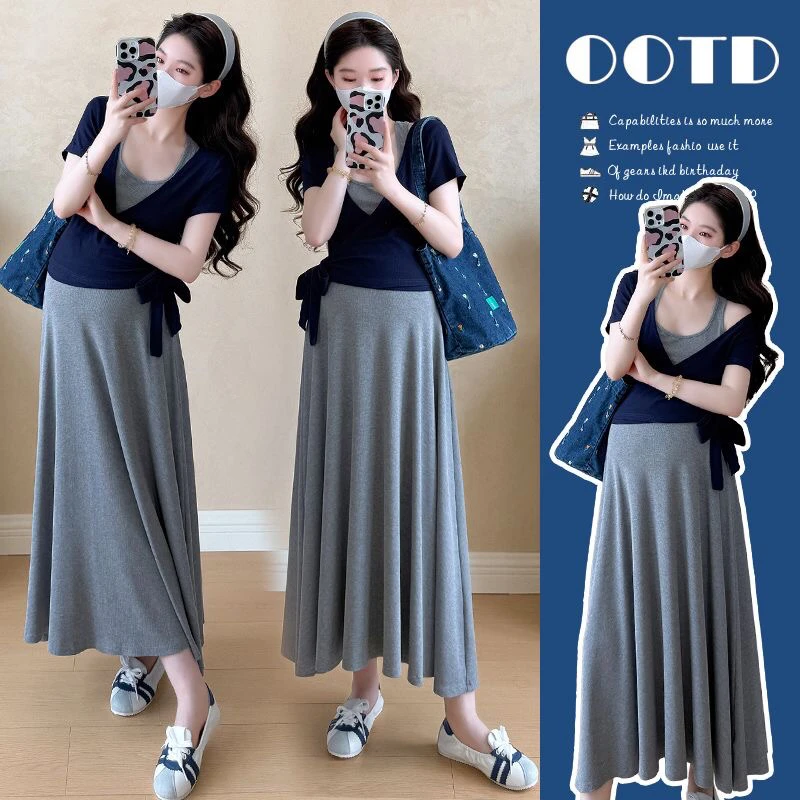 孕妇夏季时尚韩系显瘦短袖上衣搭配无袖连衣裙套装