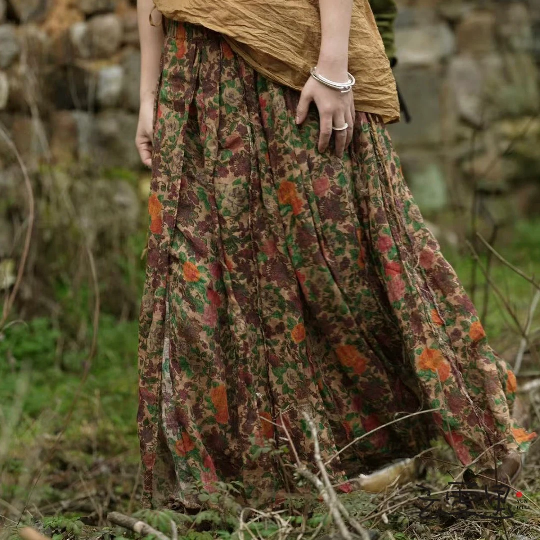 【云雾里】0046 亚麻碎花拼贴半裙复古夏季