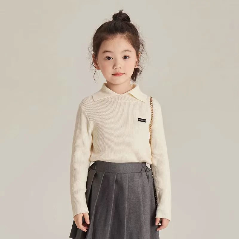 女童韩系洋气打底2025秋冬新款童装中大童条纹翻领修身毛衣针织衫