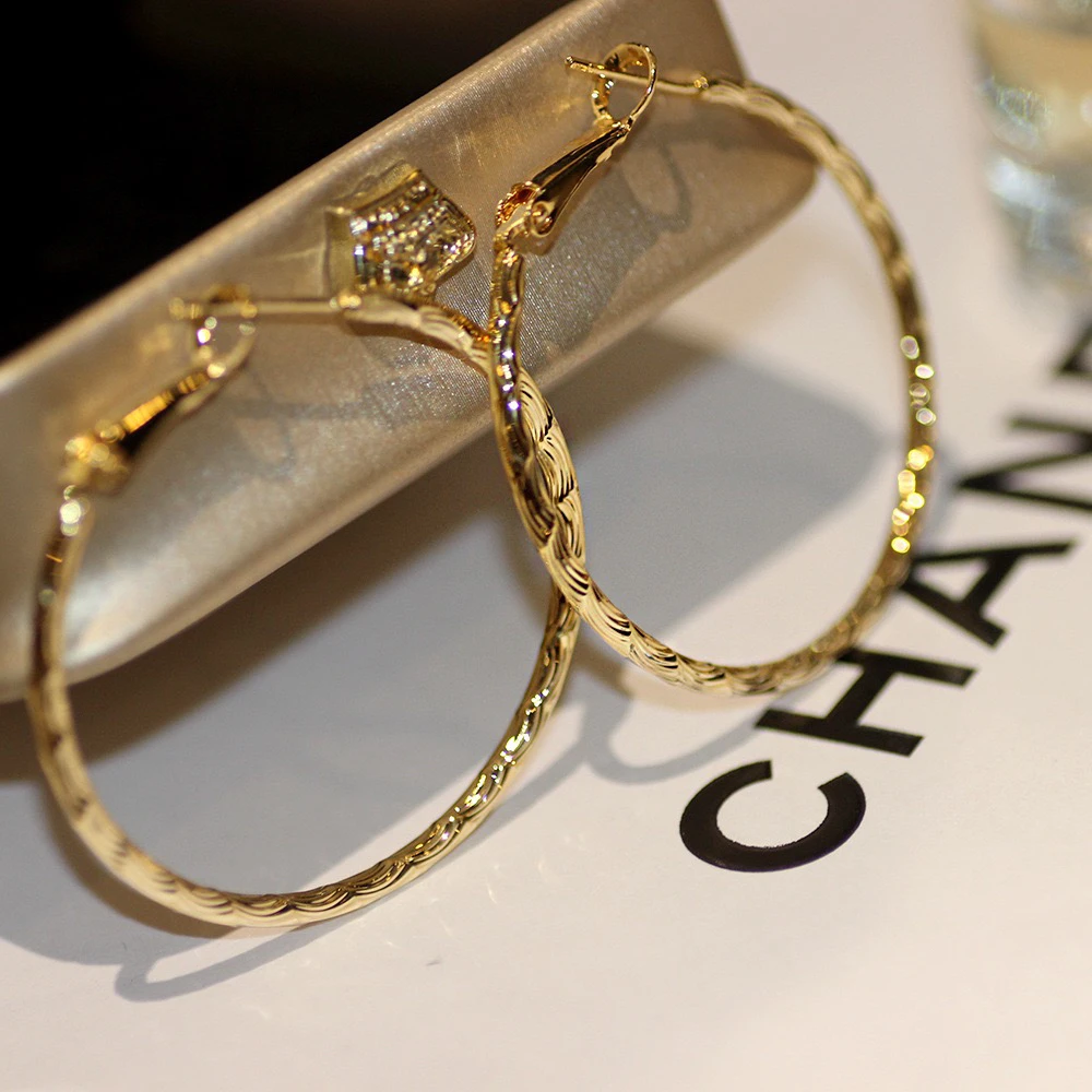 铜合金耳饰 精品/欧美流行大圆圈花纹耳圈耳扣925银针耳饰女新款