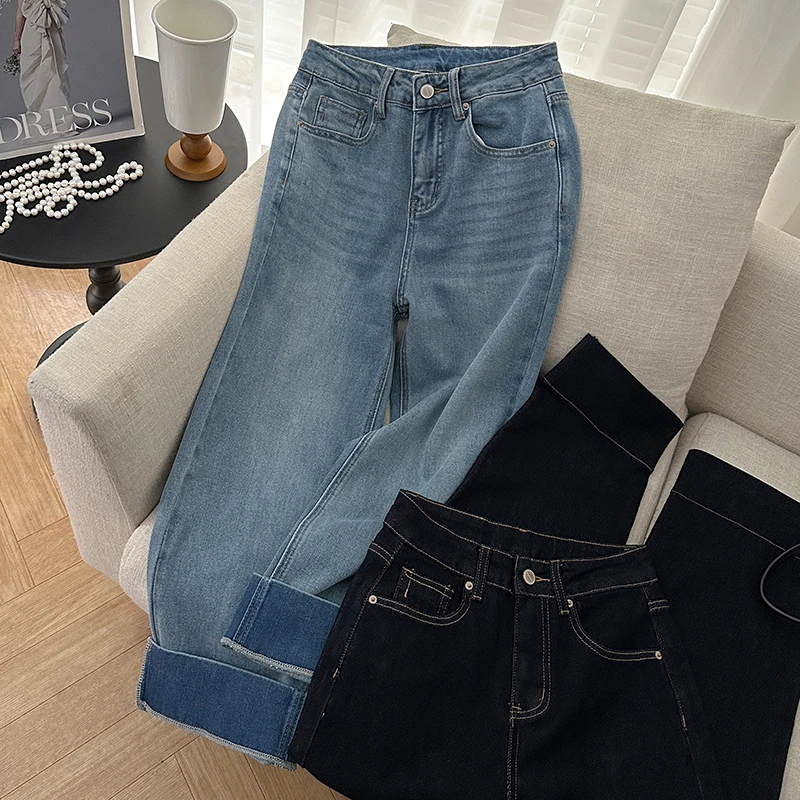 1CoMo 新款百搭时尚微弹高腰韩版宽松显瘦设计感牛仔直筒裤6032