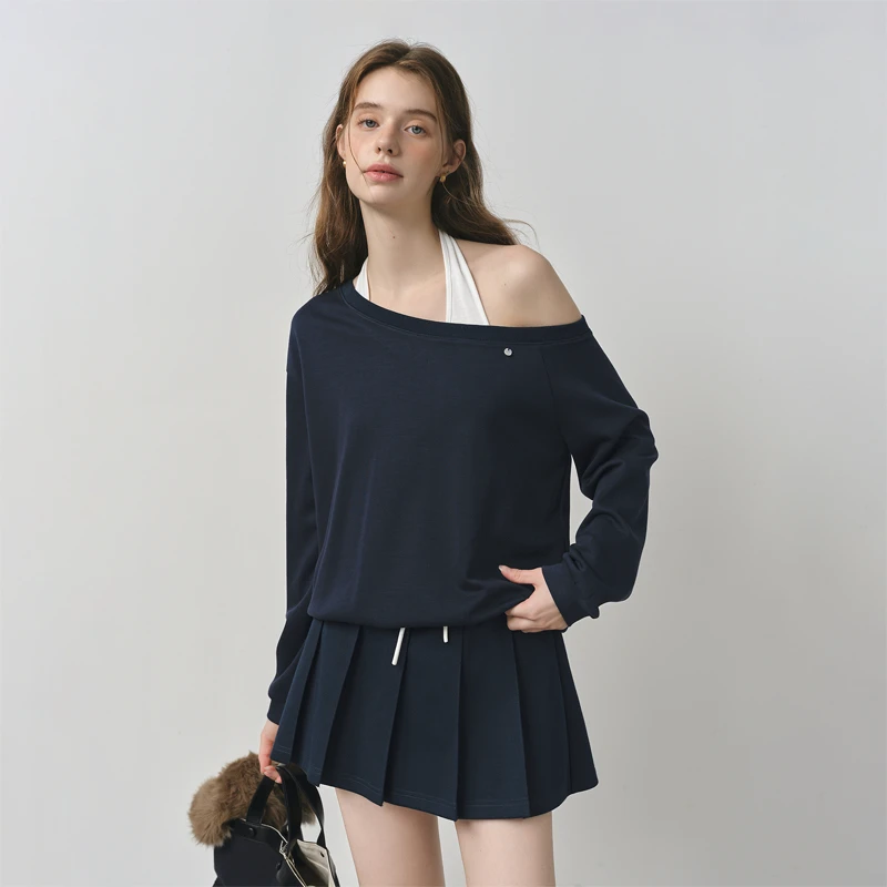 JOVKATTI2025辣妹斜肩挂颈假两件卫衣女秋季新款宽松百搭上衣