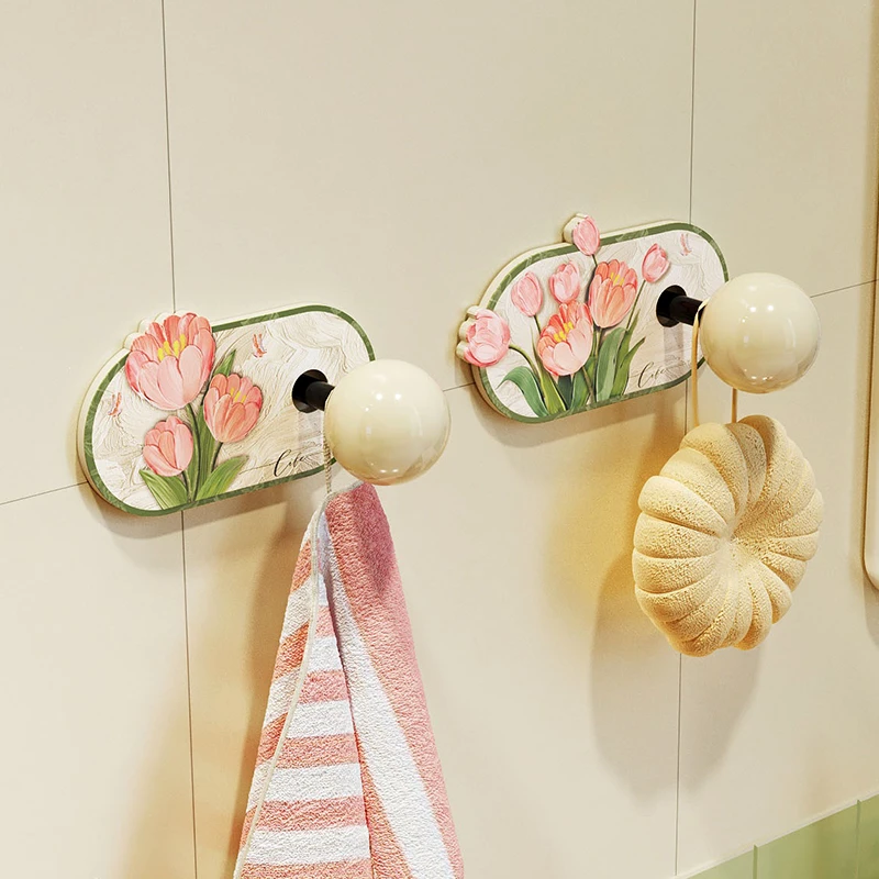 美世达高颜值新款花卉挂钩免打孔家用入户玄关门后粘钩收纳衣帽架