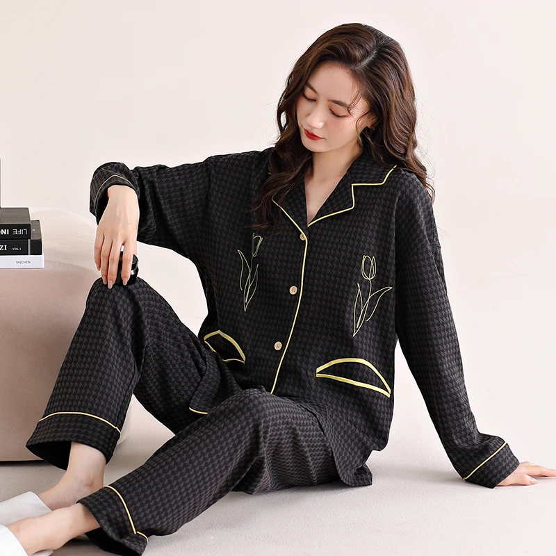 睡衣女士2025年新款春秋宽松长袖开衫大码家居服秋冬季可外穿套装