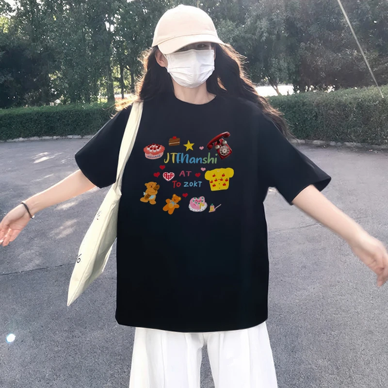 黑色纯棉短袖t恤女夏季爆款设计款减龄小众独特别致上衣宽松体恤