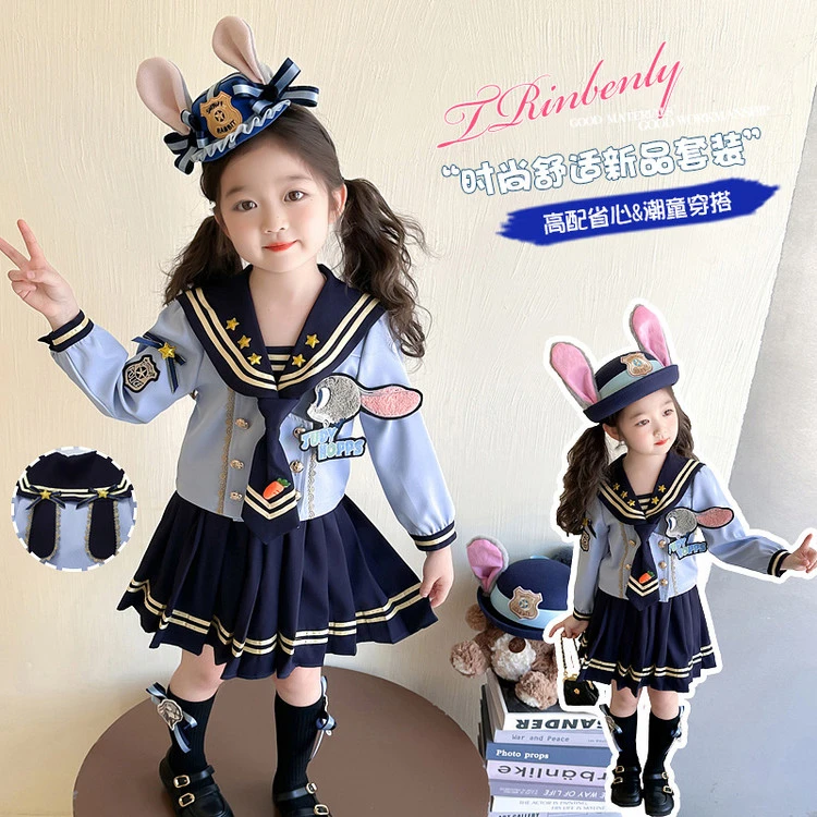 女小童朱迪兔子警官衣服春秋套装女宝宝学院风衬衫百褶裙JK两件套