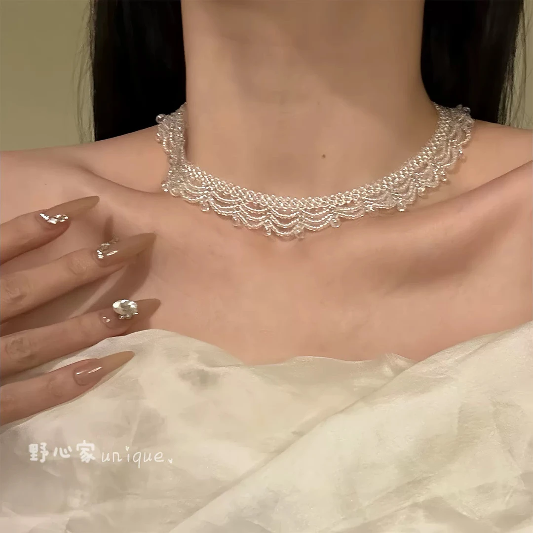 非金属树脂项链 【小岛溺海】气质清冷感水晶串珠项链蕾丝锁骨链女