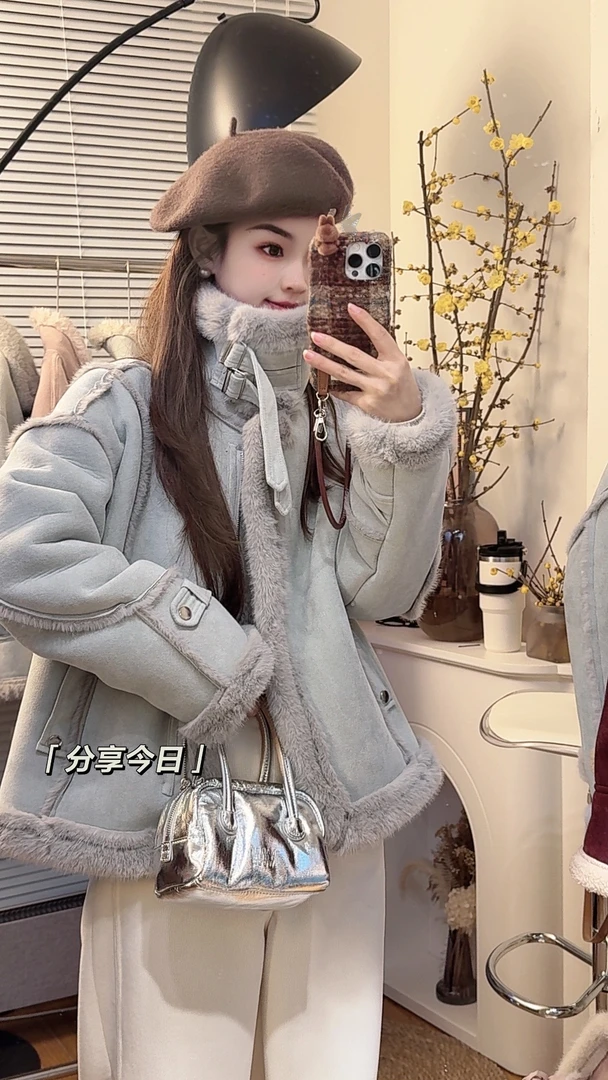 2024新款韩系通勤高端设计感机车服毛毛外套----拉链