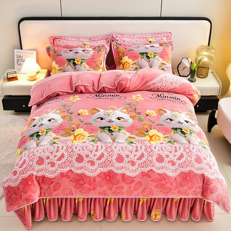 新款加厚牛奶绒四件套法莱双面绒被套床裙床单加绒保暖被罩床上用