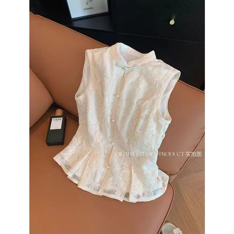 无袖蕾丝新中式盘扣小个子短款衬衫2025新款女洋气设计感显瘦上衣