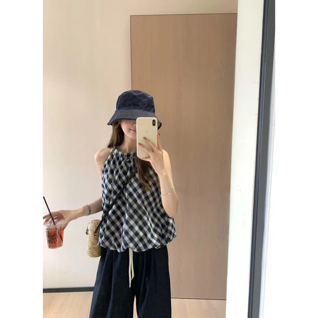 韩11格子圆领挂脖韩系休闲背心吊带6329
