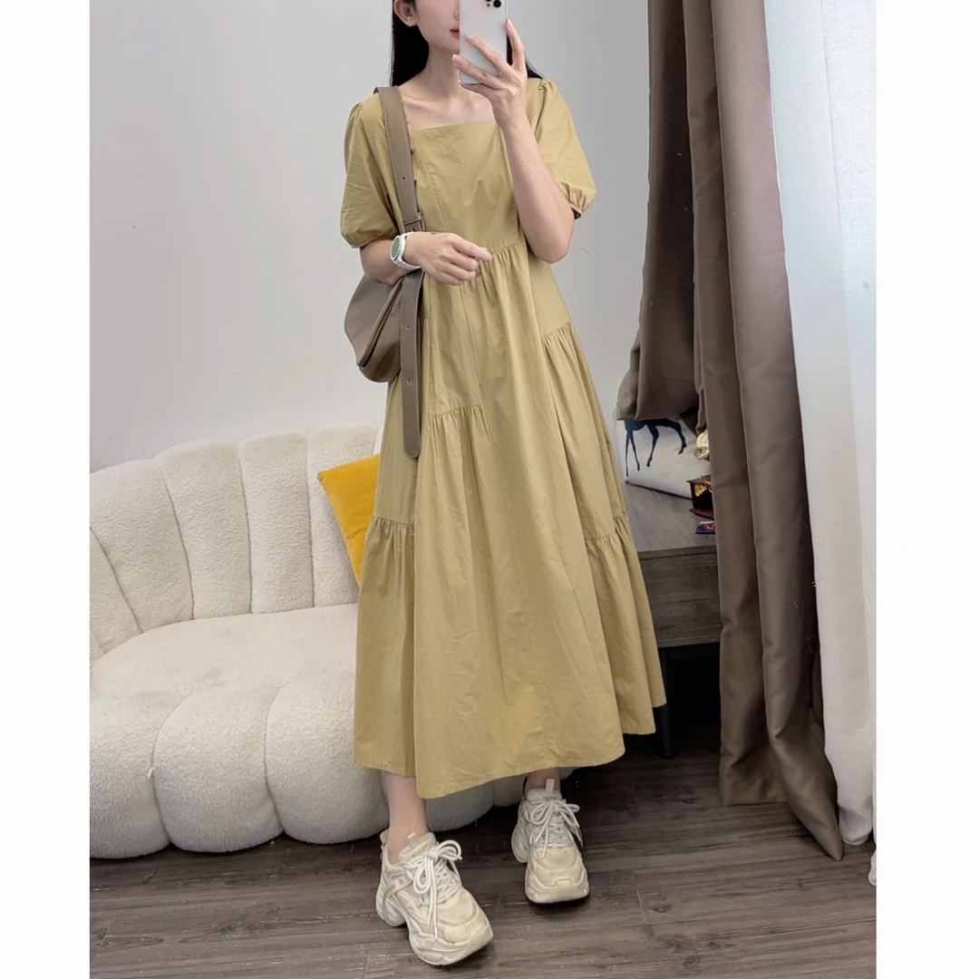 2025新款显瘦收腰修身气质褶皱长裙减龄宽松连裙短袖女裙DYY2916