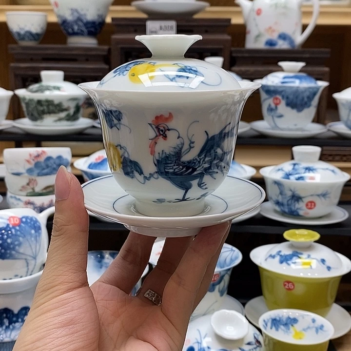 手绘公鸡盖碗160cc釉下彩微瑕福利款