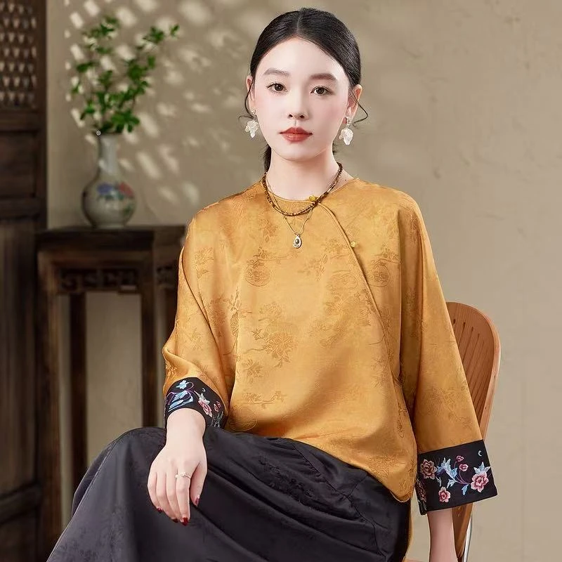 国风新中式刺绣宽松妈妈重磅斜襟1606