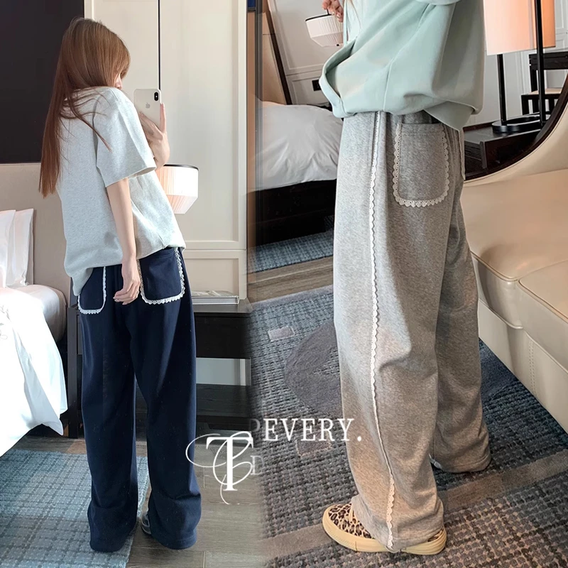 蕾丝花边孕妇裤子春秋季2025新款外穿抽绳休闲运动直筒阔腿长裤女