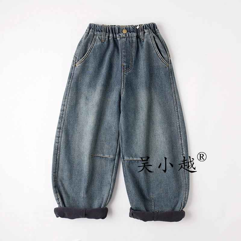 吴小越w1732男童加绒牛仔裤冬款刺绣痞帅男孩冬新款韩版长裤