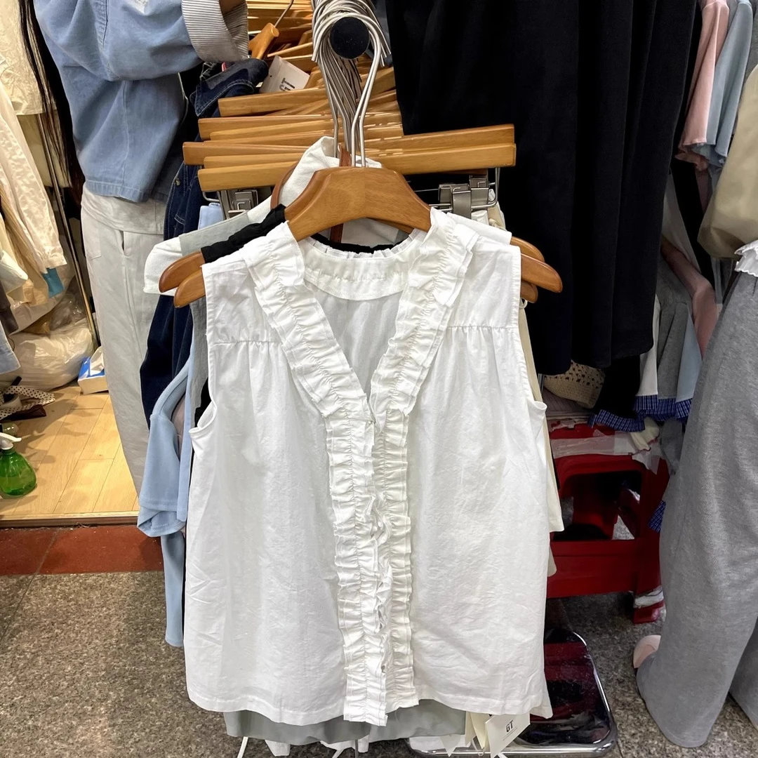 韩系花瓣V领背心衬衫女2025夏季新款高级感外穿宽松无袖小衫上衣