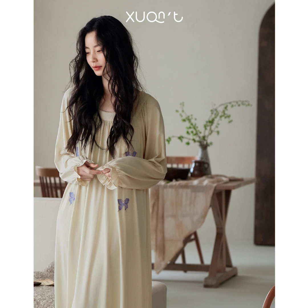 轩之婷带胸垫睡裙女春秋款莫代尔棉2025年新款长袖睡衣长款连衣裙