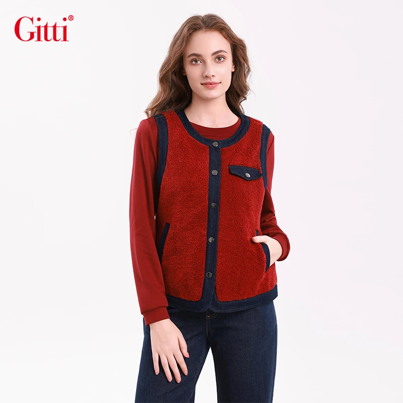 Gitti/吉蒂抓绒拼接马甲女圆领拼色短款休闲外套G255228