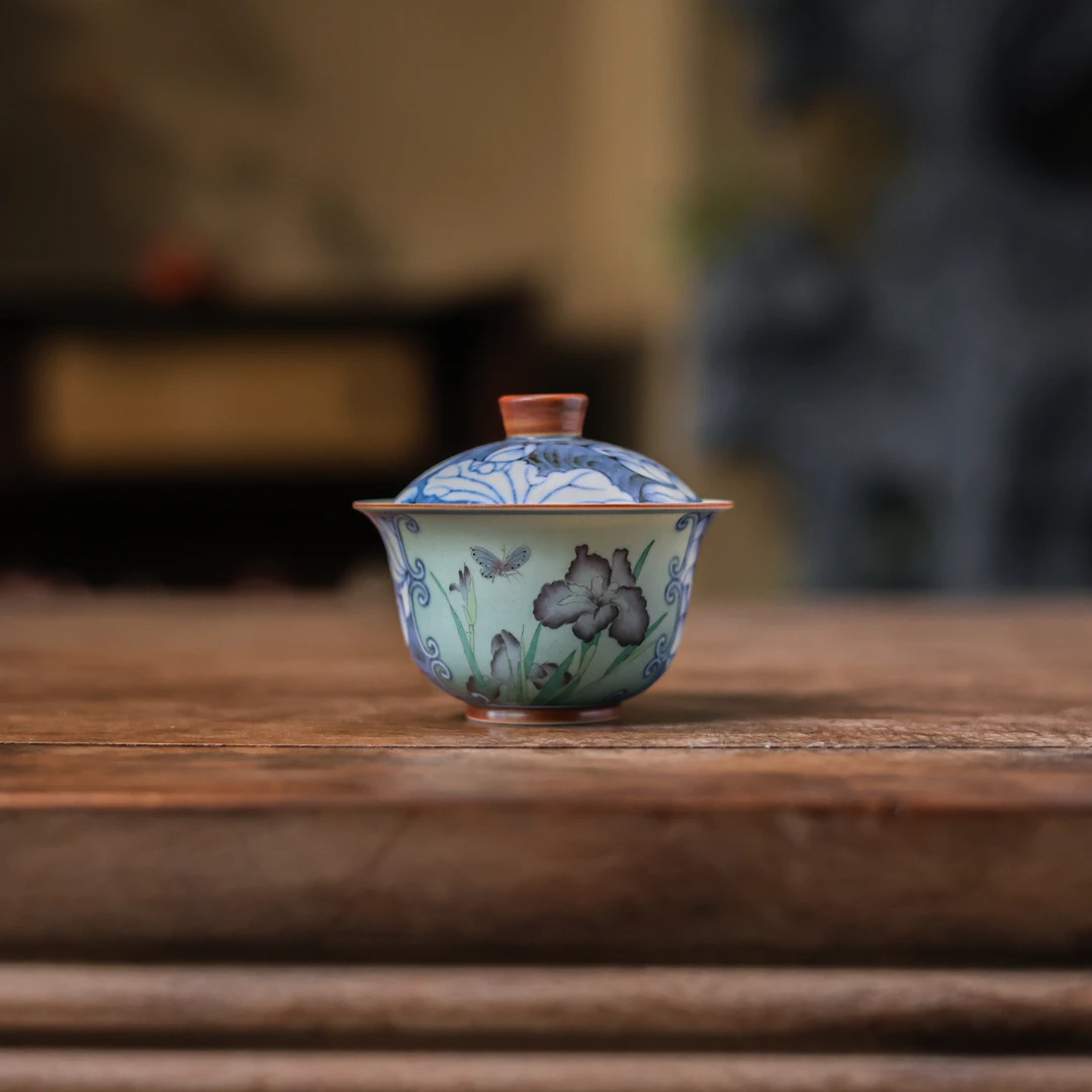 【小田甄陶】开窗斗彩渐变底色紫尾花盖碗110ml（新墨冉0414）