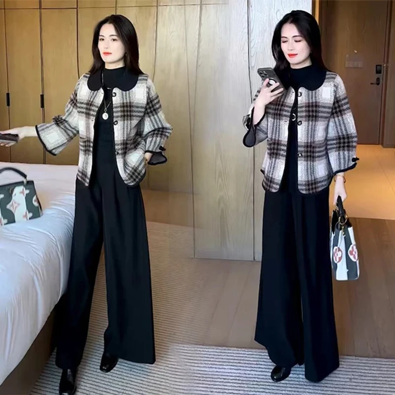 时尚格子外套女秋装新款洋气显瘦百搭休闲上衣中年妈妈款毛呢大衣