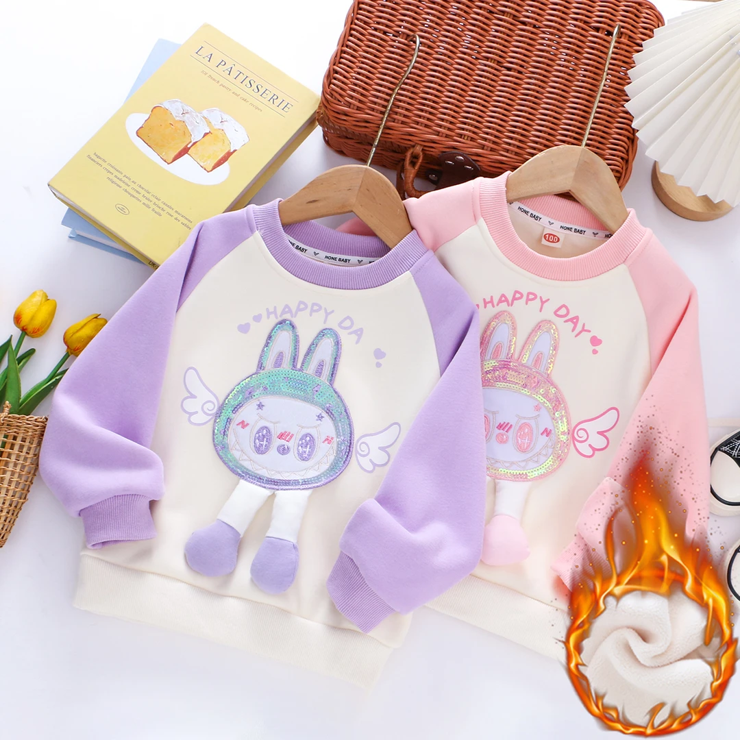 女童加绒卫衣冬季款儿童一体绒卫衣女孩子卡通小兔子立体玩偶上衣