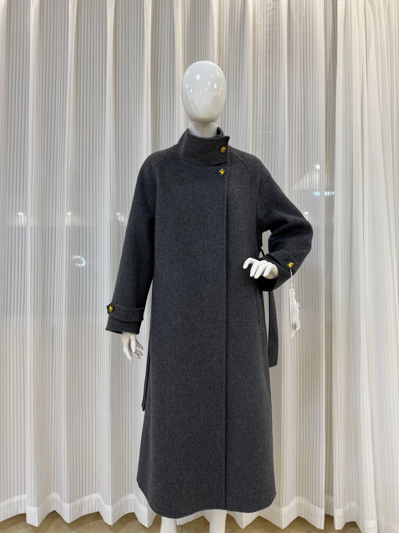 【艾琳】秋冬宽松慵懒韩版立领长款双面呢绵羊毛大衣红色新年战袍