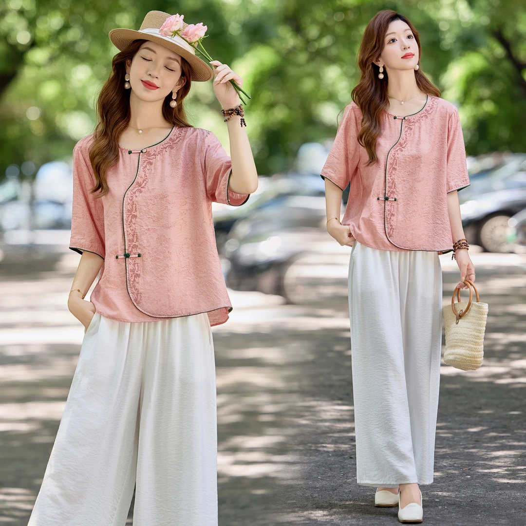 新中式国风复古刺绣套装女2025夏季新款遮肉显瘦宽松阔腿裤两件套