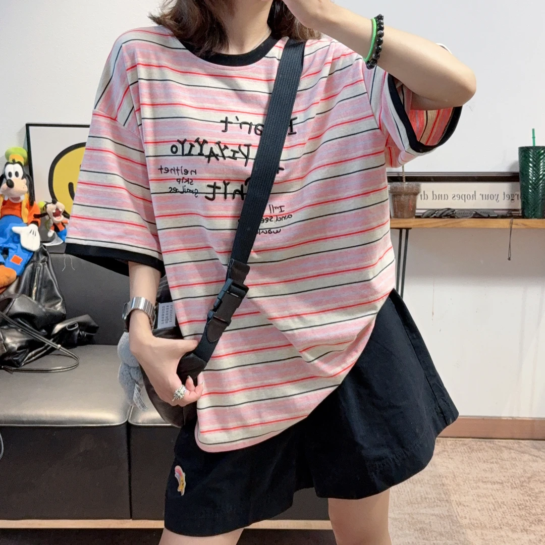 2025夏季新款圆领粉色撞色条纹字母五分袖T恤女宽松显瘦个性减龄